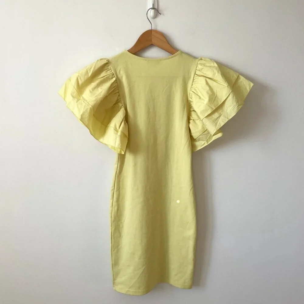 Zara Puff Voluminous Ruffle Poplin Sleeve Bodycon Mini Dress Pastel Yellow Small - Picture 4 of 8
